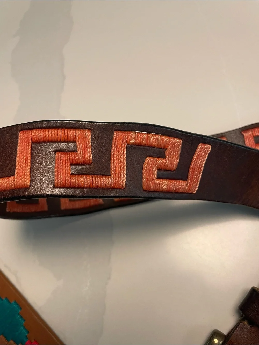 Tato’s  Men's Brown Leather Polo  Belt with Orange Geometric Embroidery 38